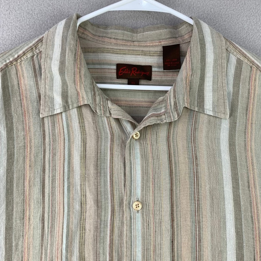 Vintage Eddie Rodriguez Linen Camp Shirt Mens XL Khaki Striped Beach Surf Preppy